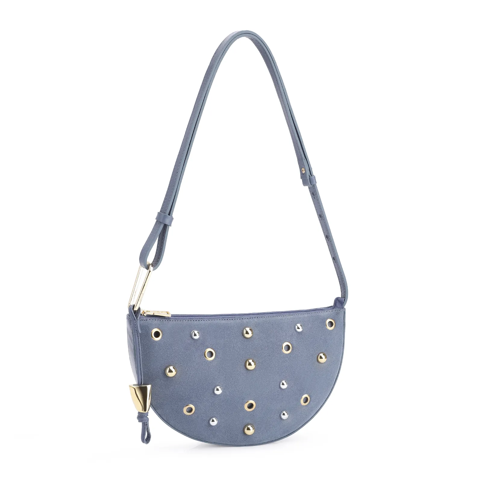 Bolsa De Ombro Aplicações Couro Camurça/Couro Azul
