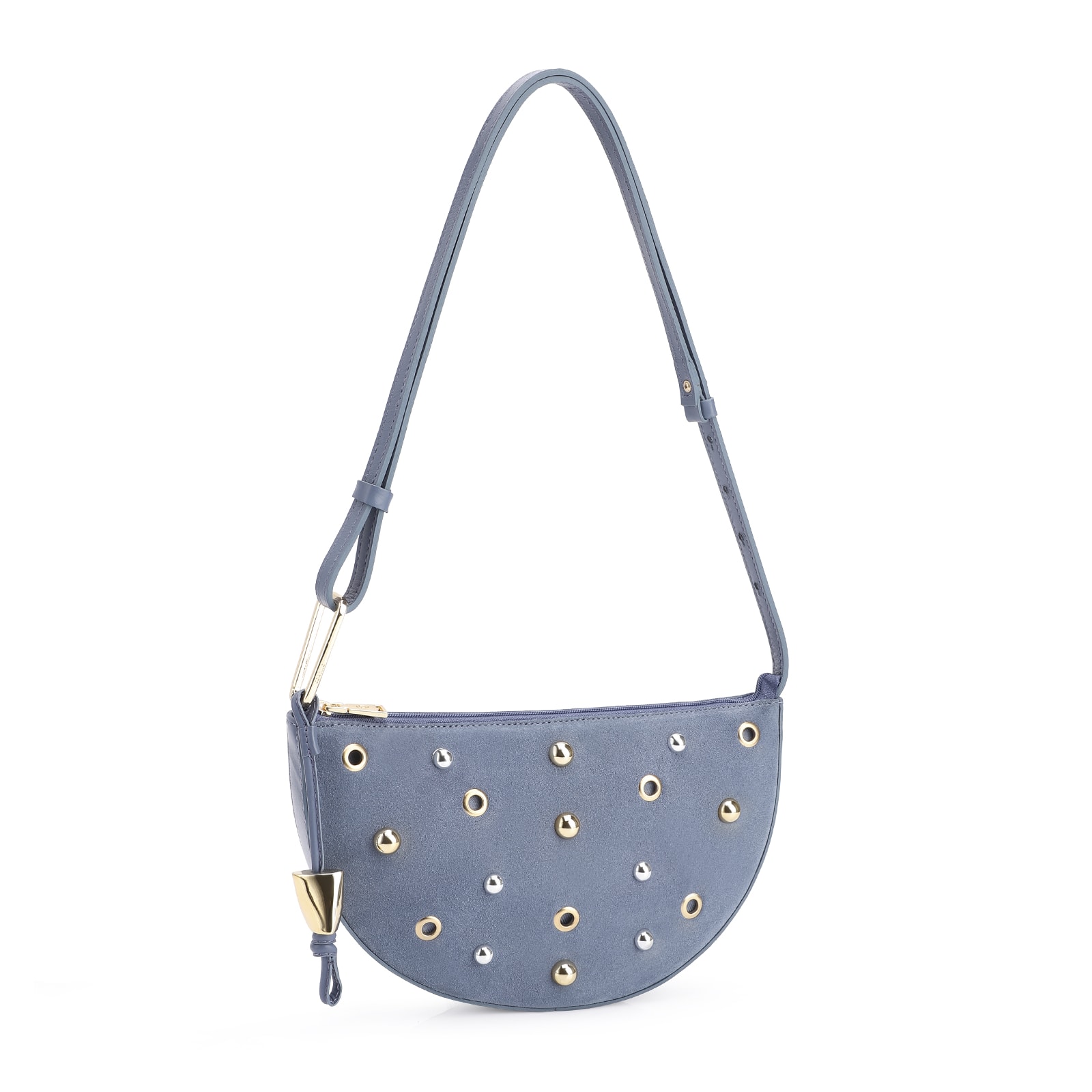 Bolsa De Ombro Aplicações Couro Camurça/Couro Azul