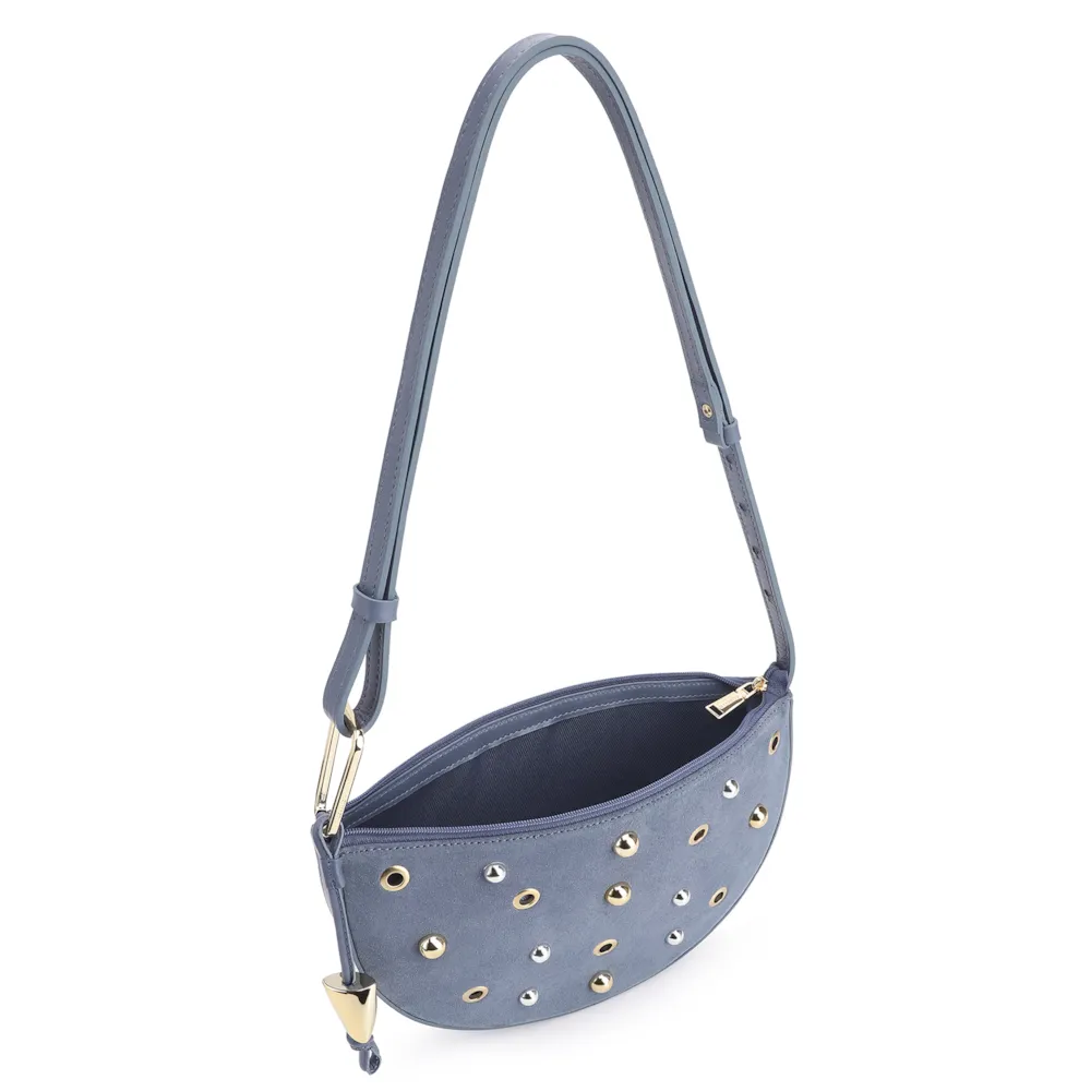 Bolsa De Ombro Aplicações Couro Camurça/Couro Azul - imagem 5