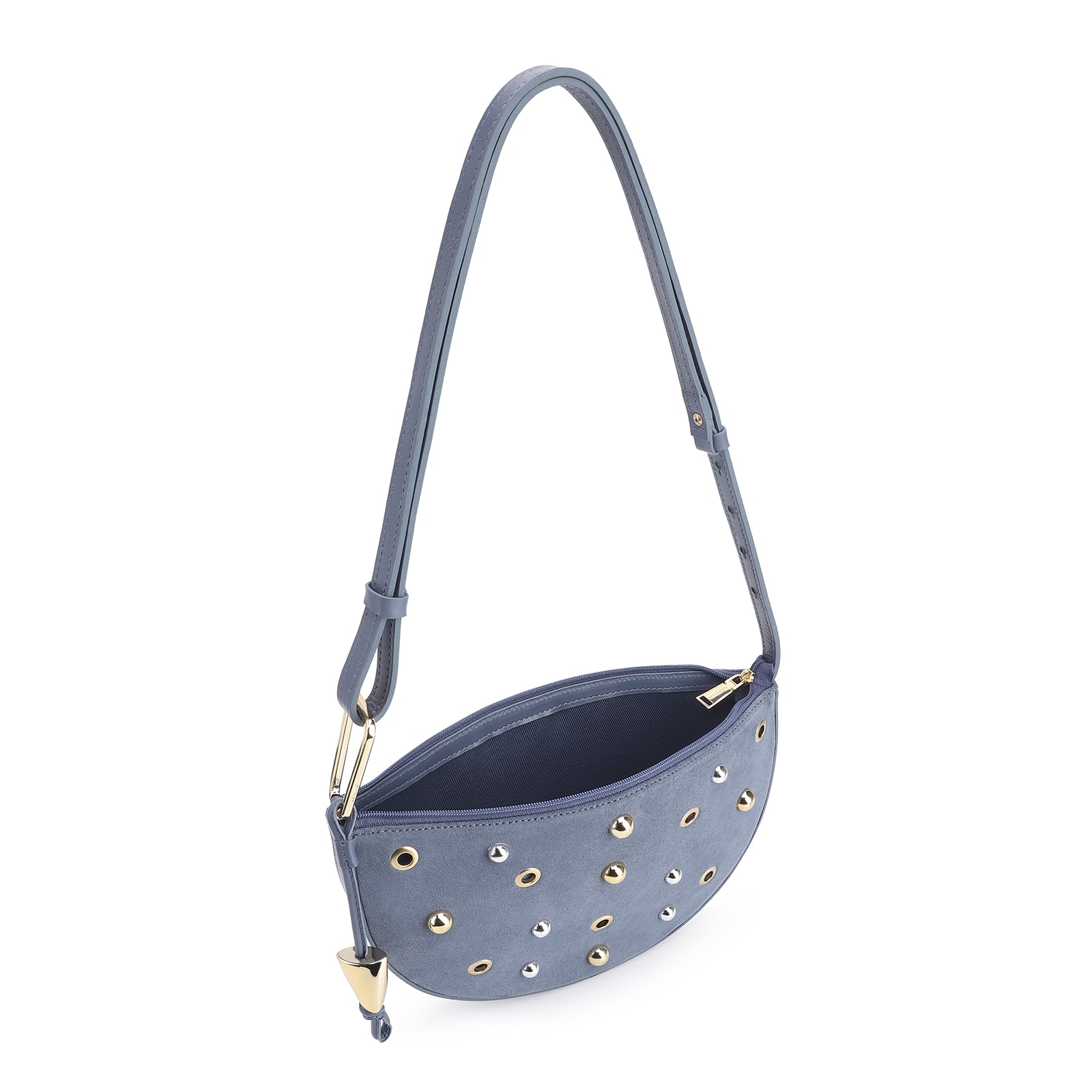 Bolsa De Ombro Aplicações Couro Camurça/Couro Azul