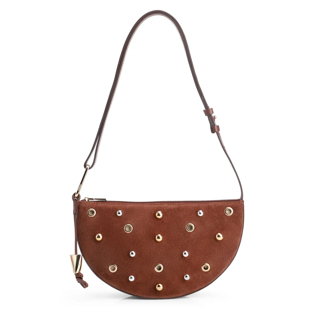 Bolsa De Ombro Aplicações Couro Camurça/Couro Marrom Escuro