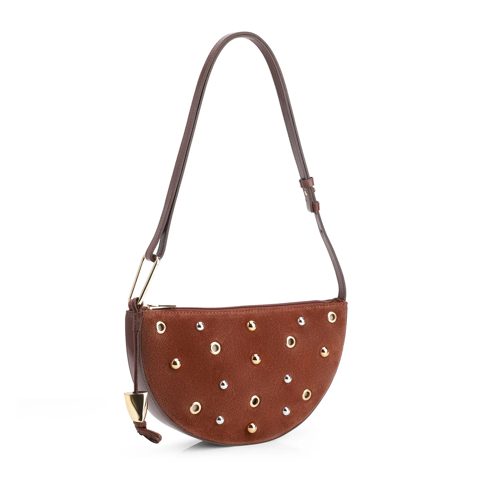 Bolsa De Ombro Aplicações Couro Camurça/Couro Marrom Escuro