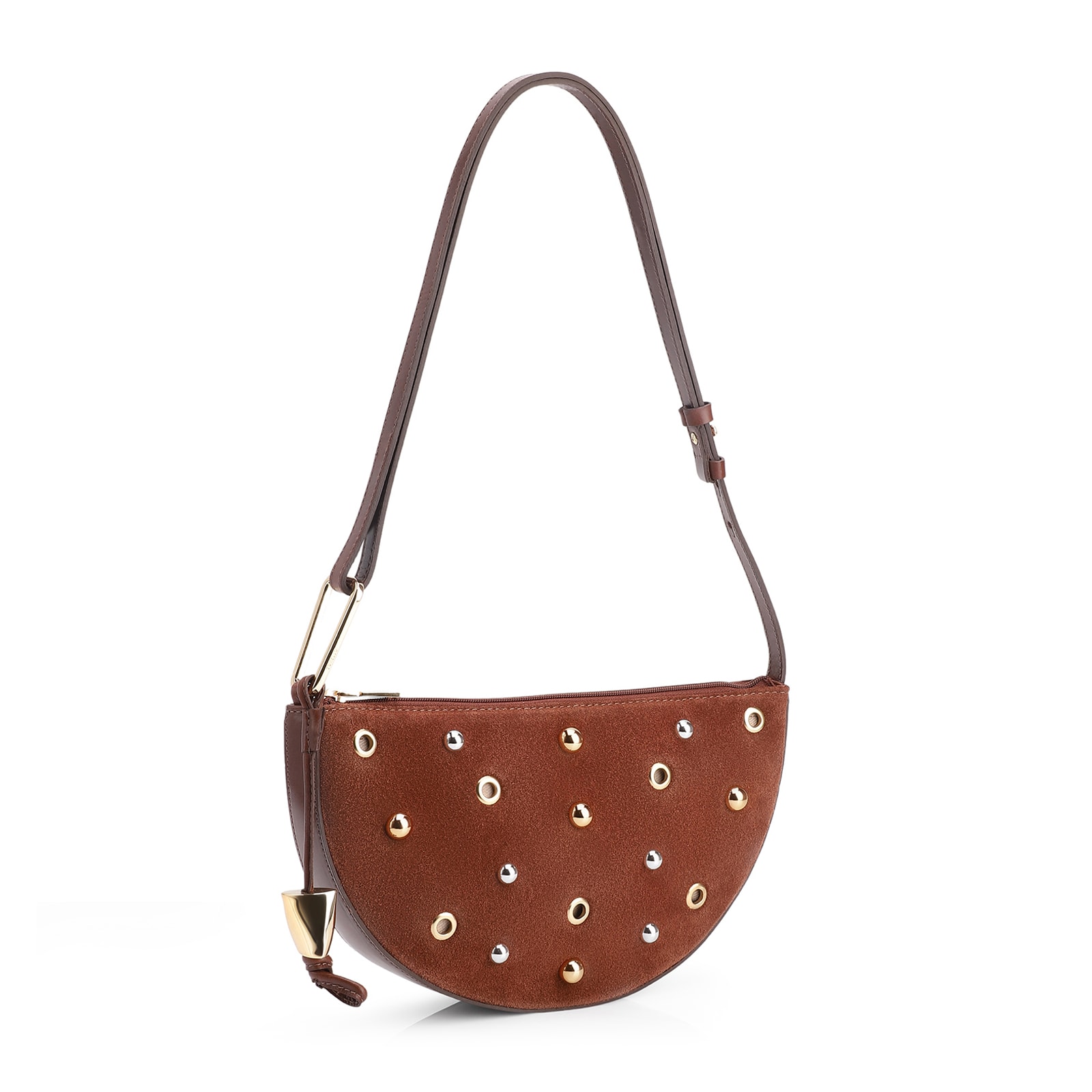 Bolsa De Ombro Aplicações Couro Camurça/Couro Marrom Escuro