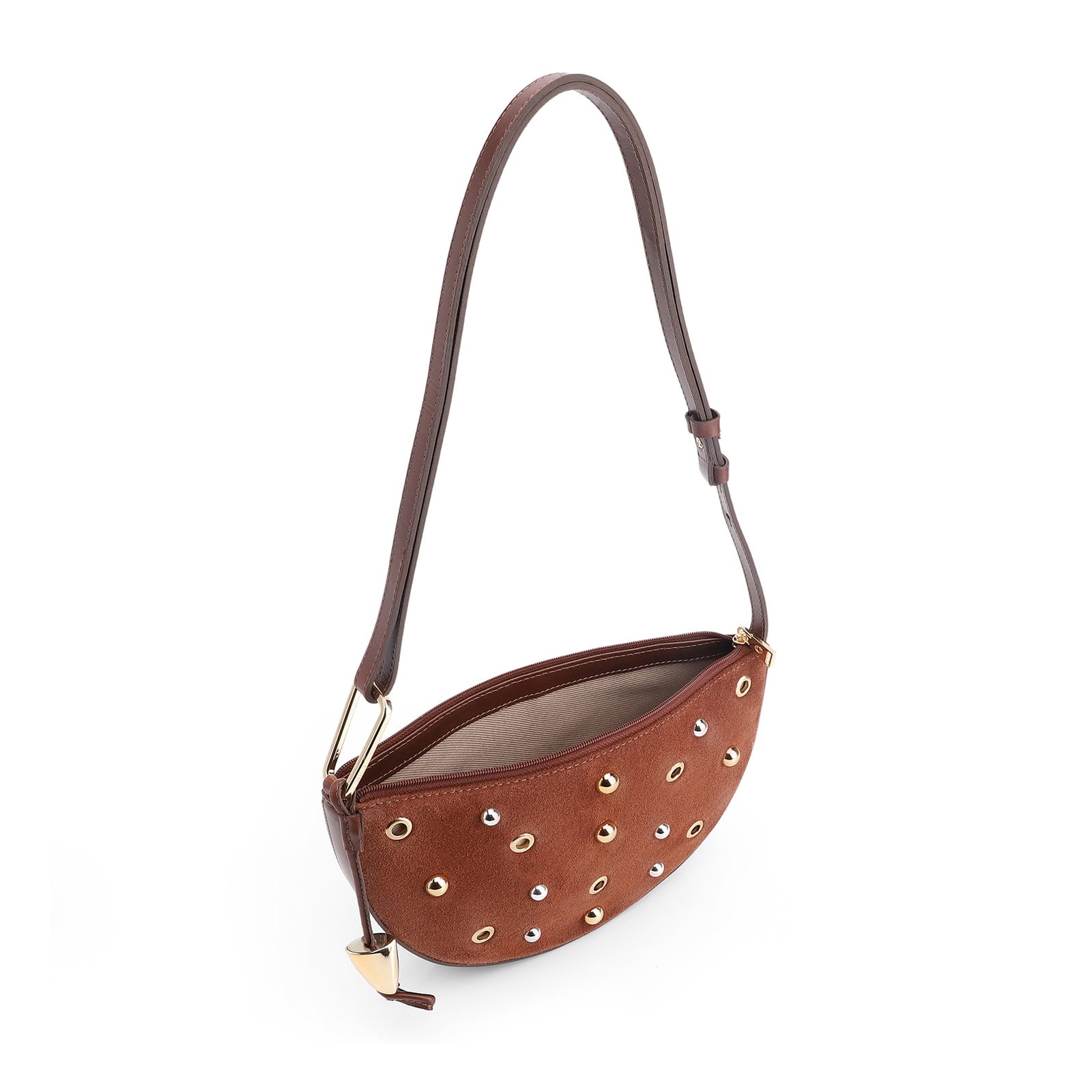 Bolsa De Ombro Aplicações Couro Camurça/Couro Marrom Escuro