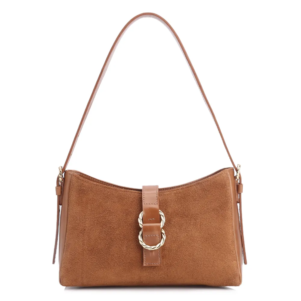 Bolsa De Ombro Argola Couro Camurça Marrom