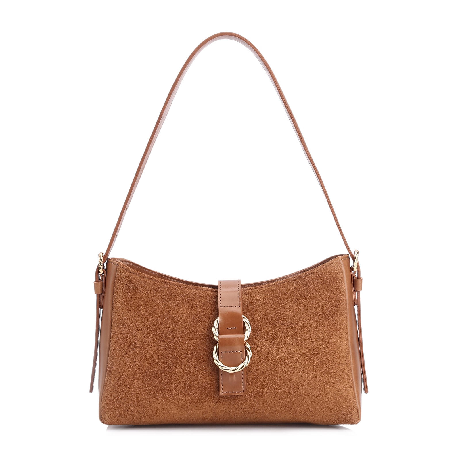 Bolsa De Ombro Argola Couro Camurça Marrom