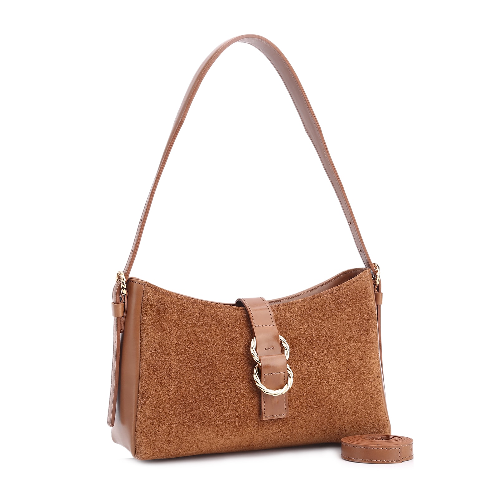 Bolsa De Ombro Argola Couro Camurça Marrom