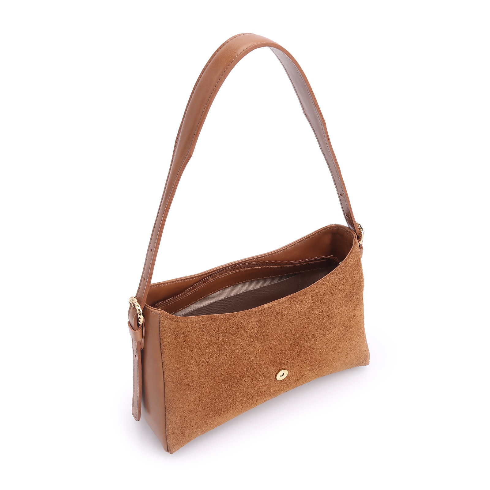 Bolsa De Ombro Argola Couro Camurça Marrom
