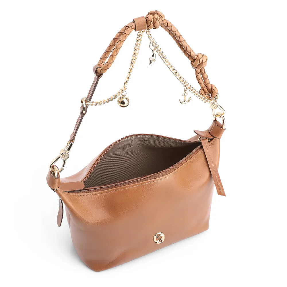 Bolsa De Ombro Bag Charm Couro Marrom Claro - imagem 4