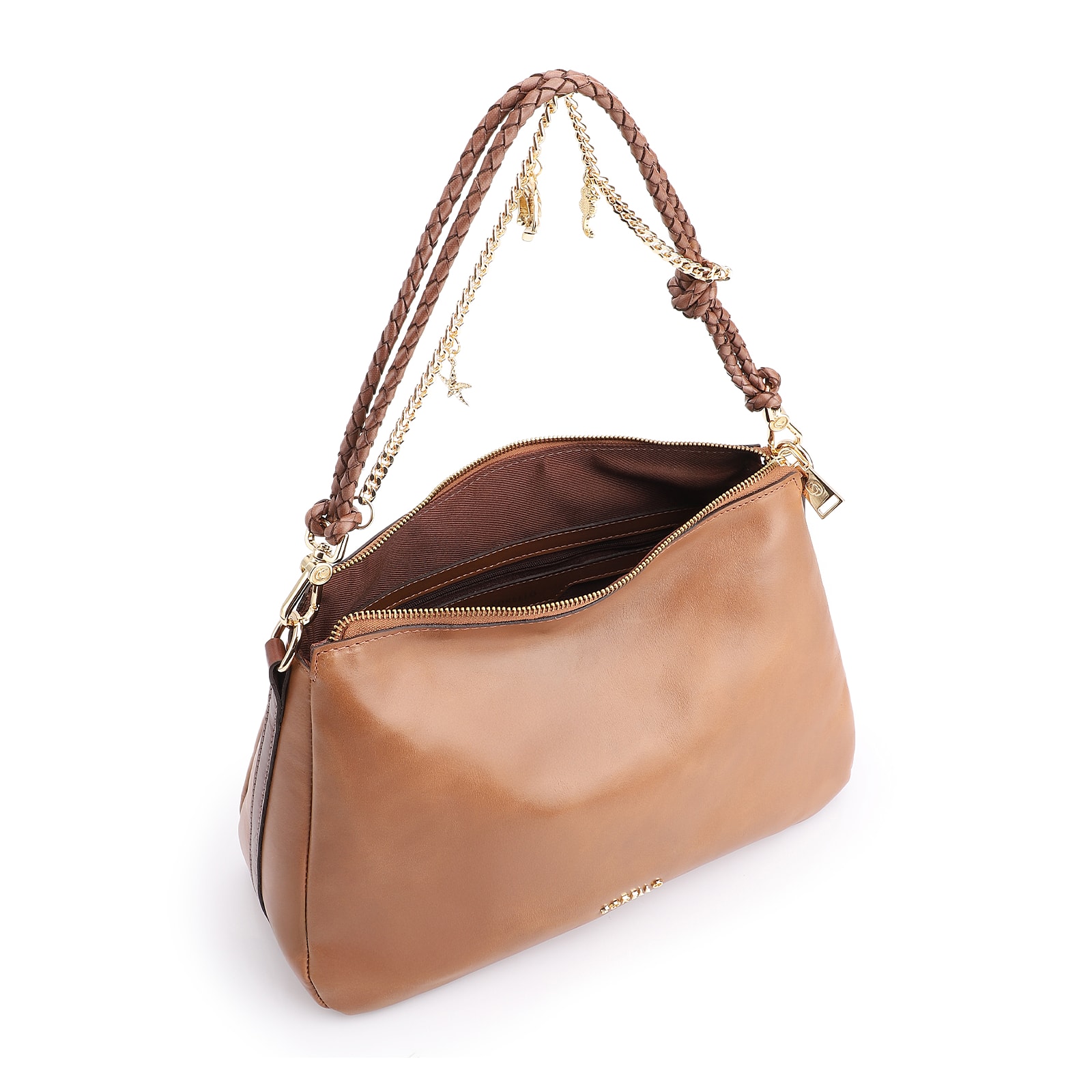 Bolsa De Ombro Bag Charm Couro Marrom Claro