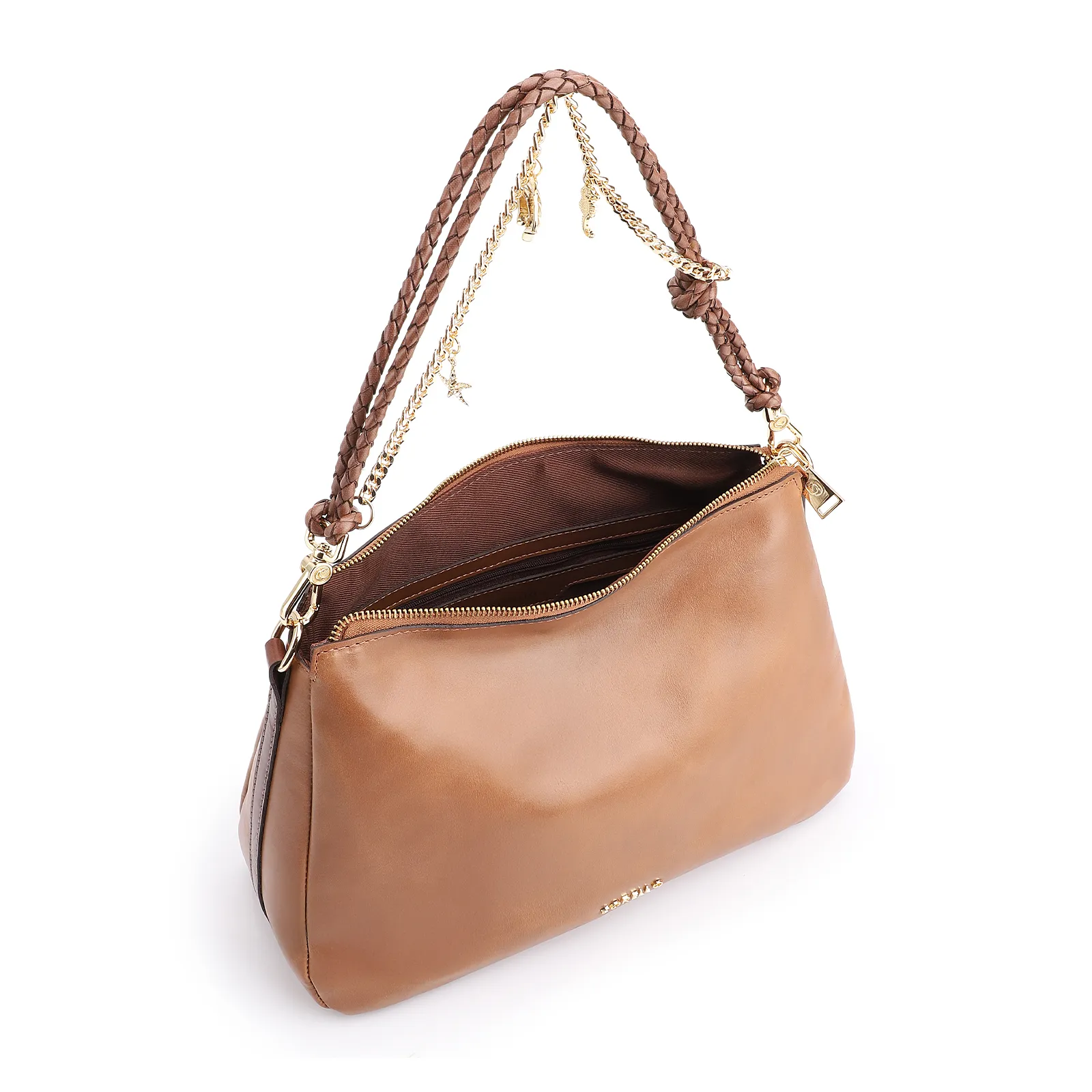 Bolsa De Ombro Bag Charm Couro Marrom Claro