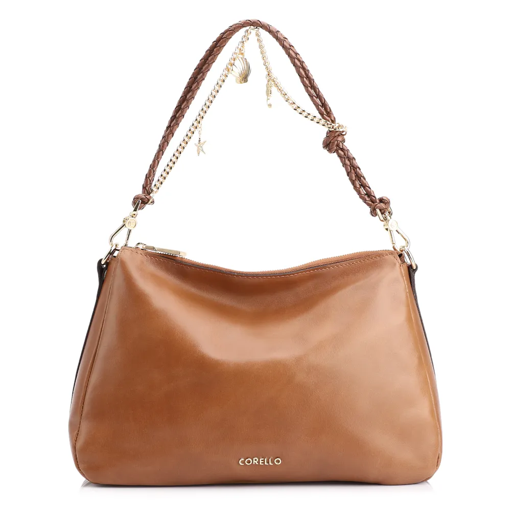 Bolsa De Ombro Bag Charm Couro Marrom Claro