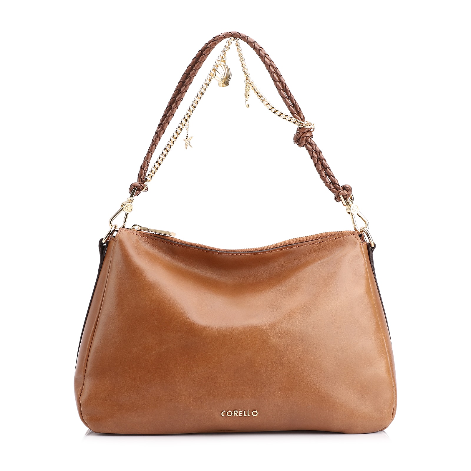 Bolsa De Ombro Bag Charm Couro Marrom Claro