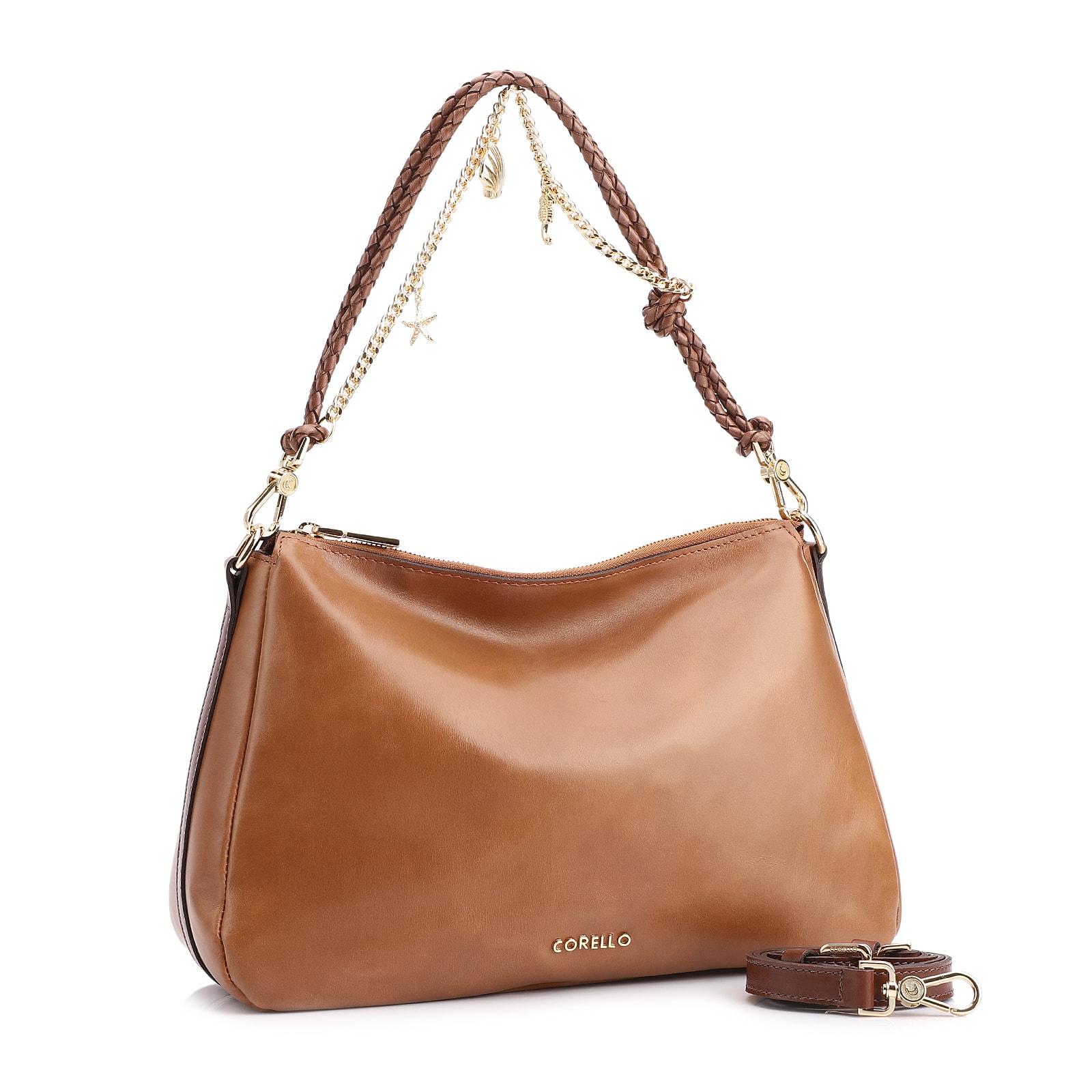 Bolsa De Ombro Bag Charm Couro Marrom Claro