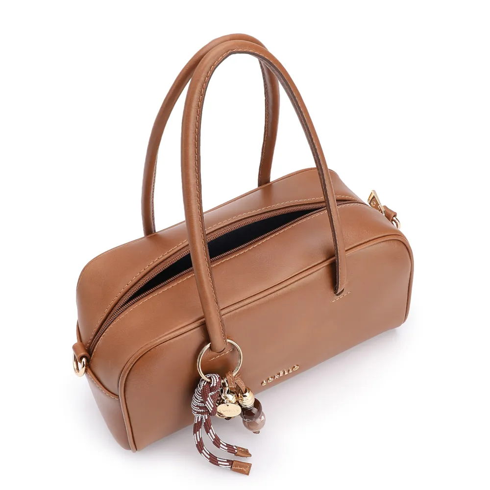 Bolsa De Ombro Bowling Couro Marrom Claro Bag Charm - imagem 4