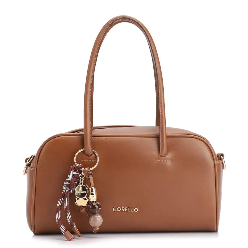 Bolsa De Ombro Bowling Couro Marrom Claro Bag Charm
