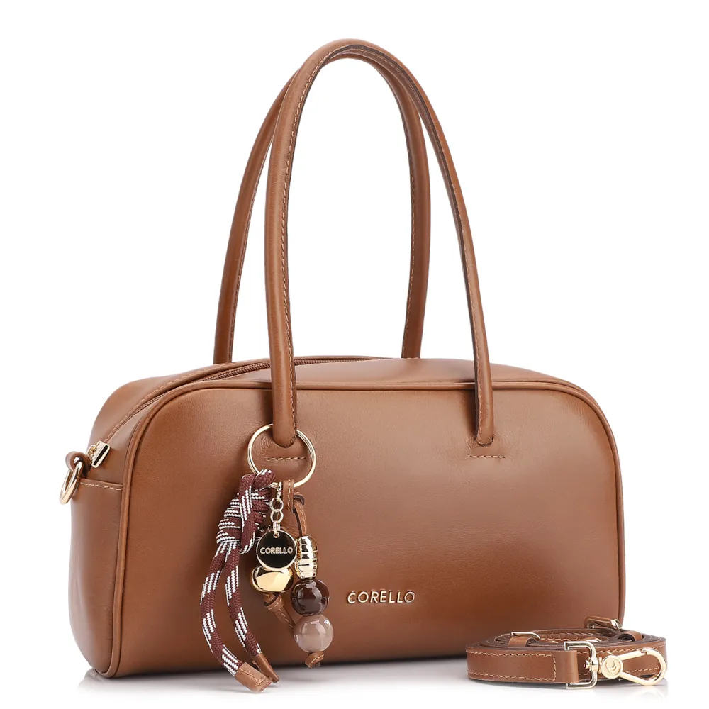 Bolsa De Ombro Bowling Couro Marrom Claro Bag Charm - imagem 2