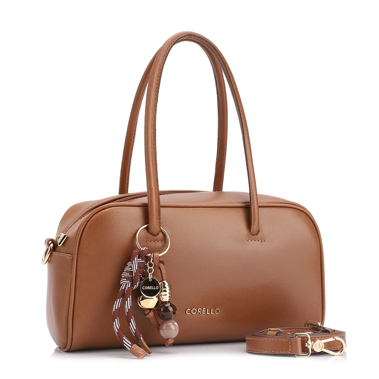 Bolsa De Ombro Bowling Couro Marrom Claro Bag Charm