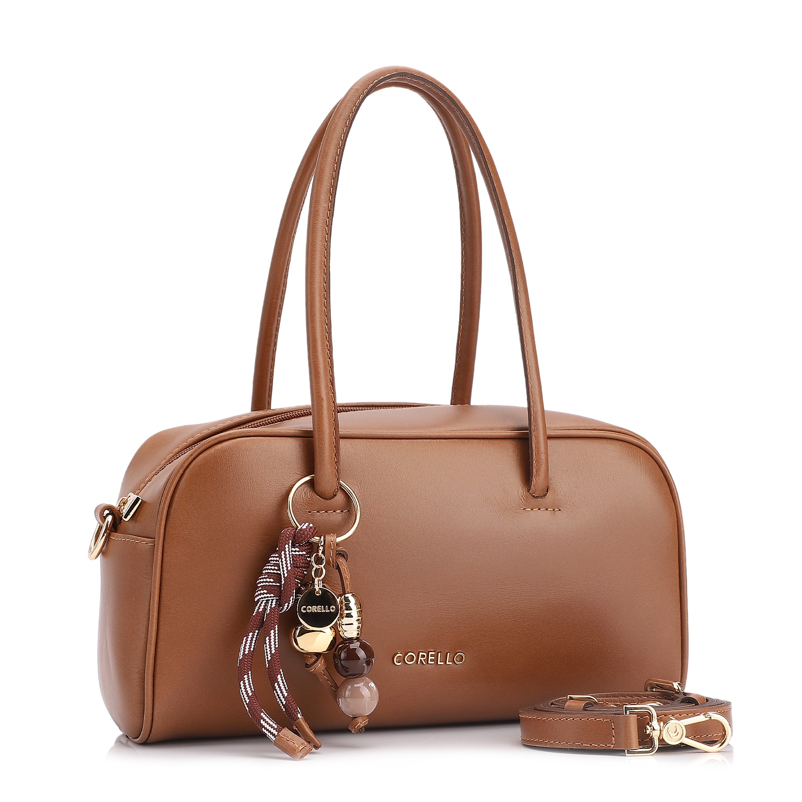 Bolsa De Ombro Bowling Couro Marrom Claro Bag Charm