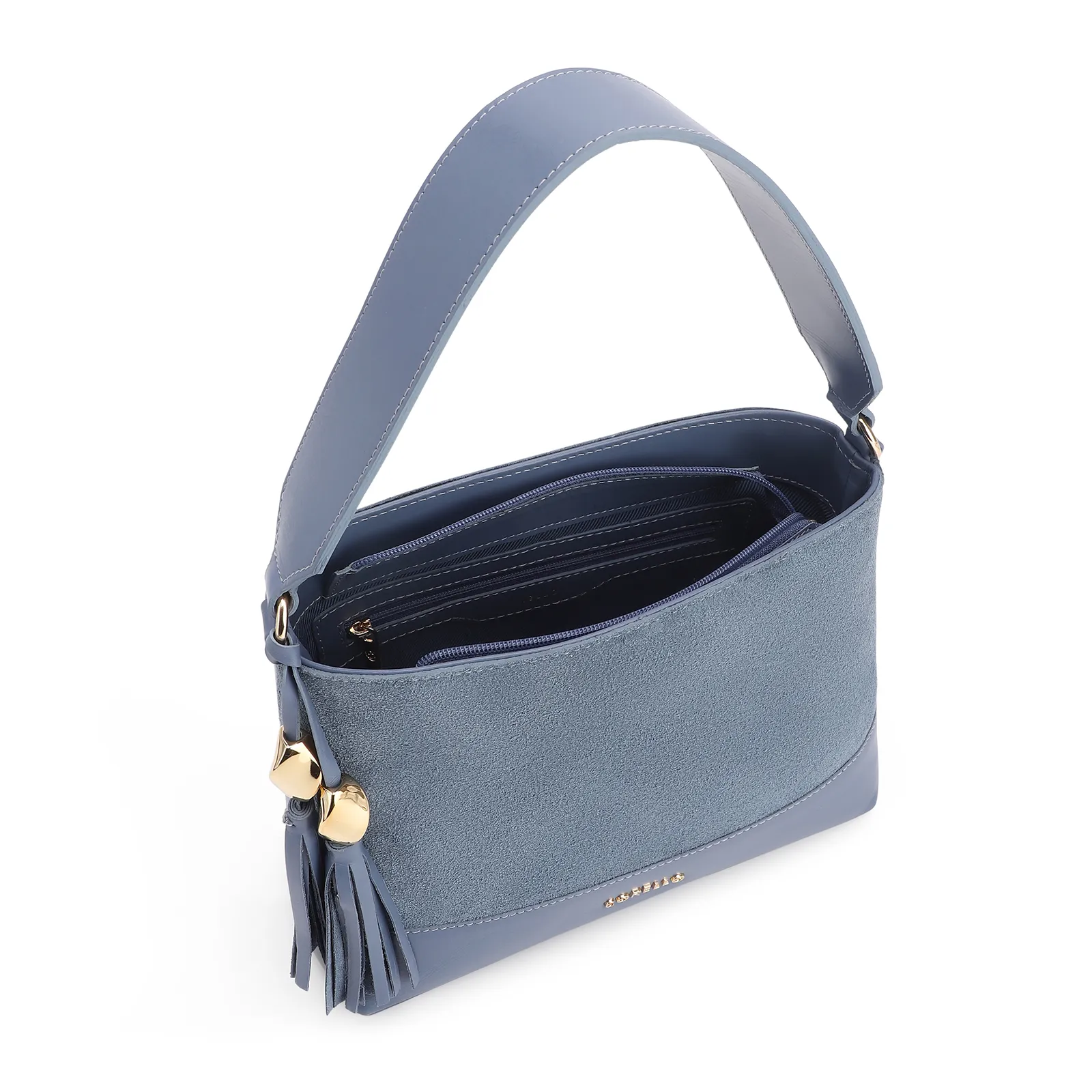 Bolsa De Ombro Bucket Couro Camurça/Couro Azul