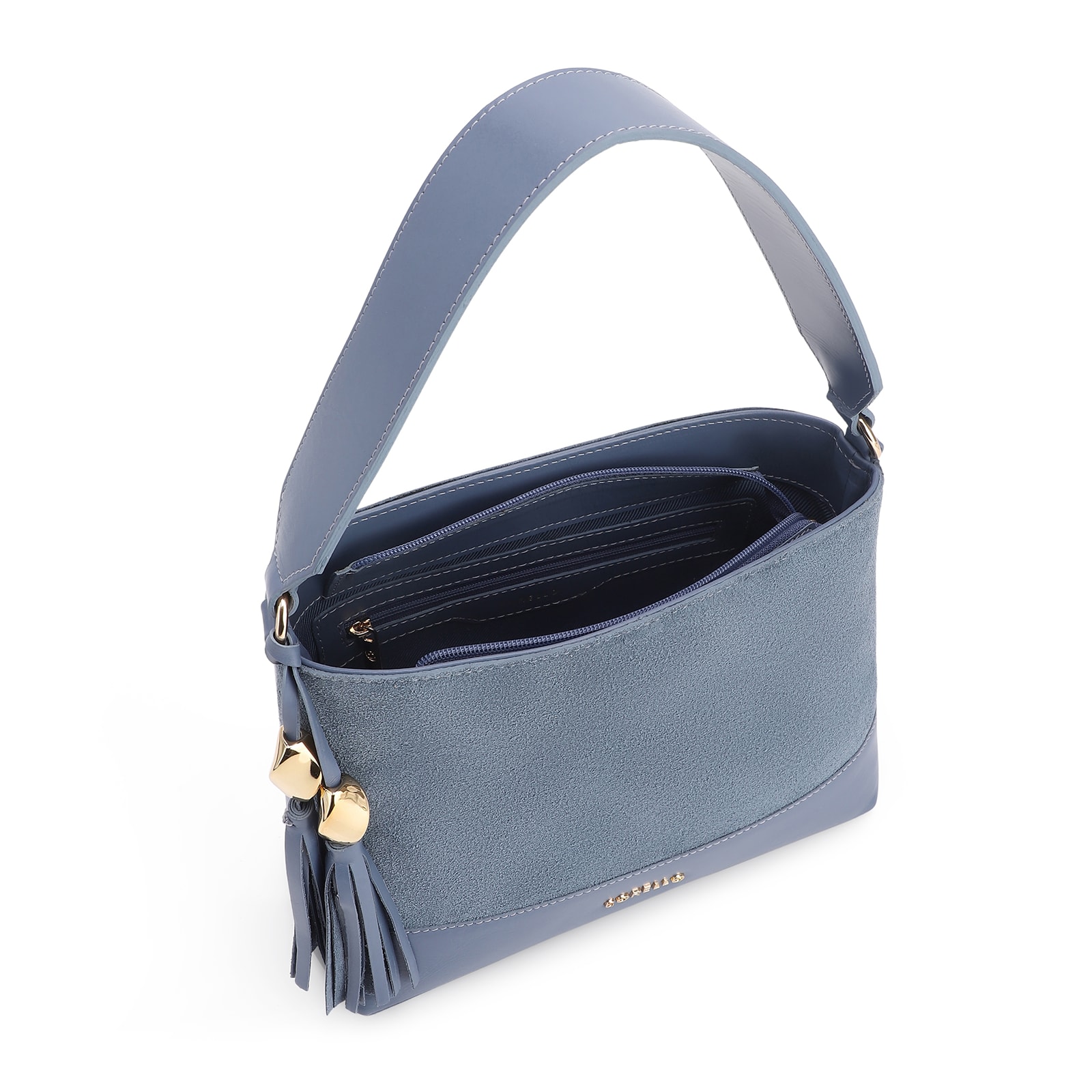 Bolsa De Ombro Bucket Couro Camurça/Couro Azul