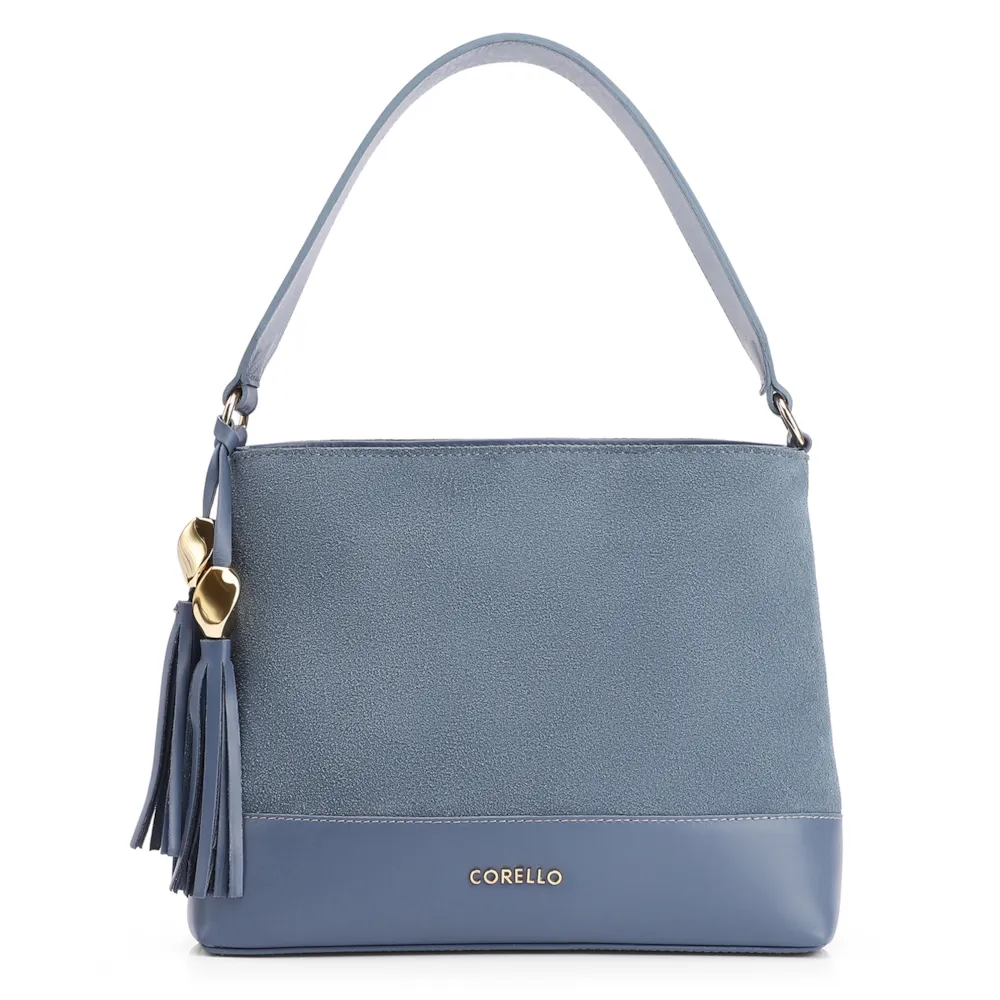 Bolsa De Ombro Bucket Couro Camurça/Couro Azul
