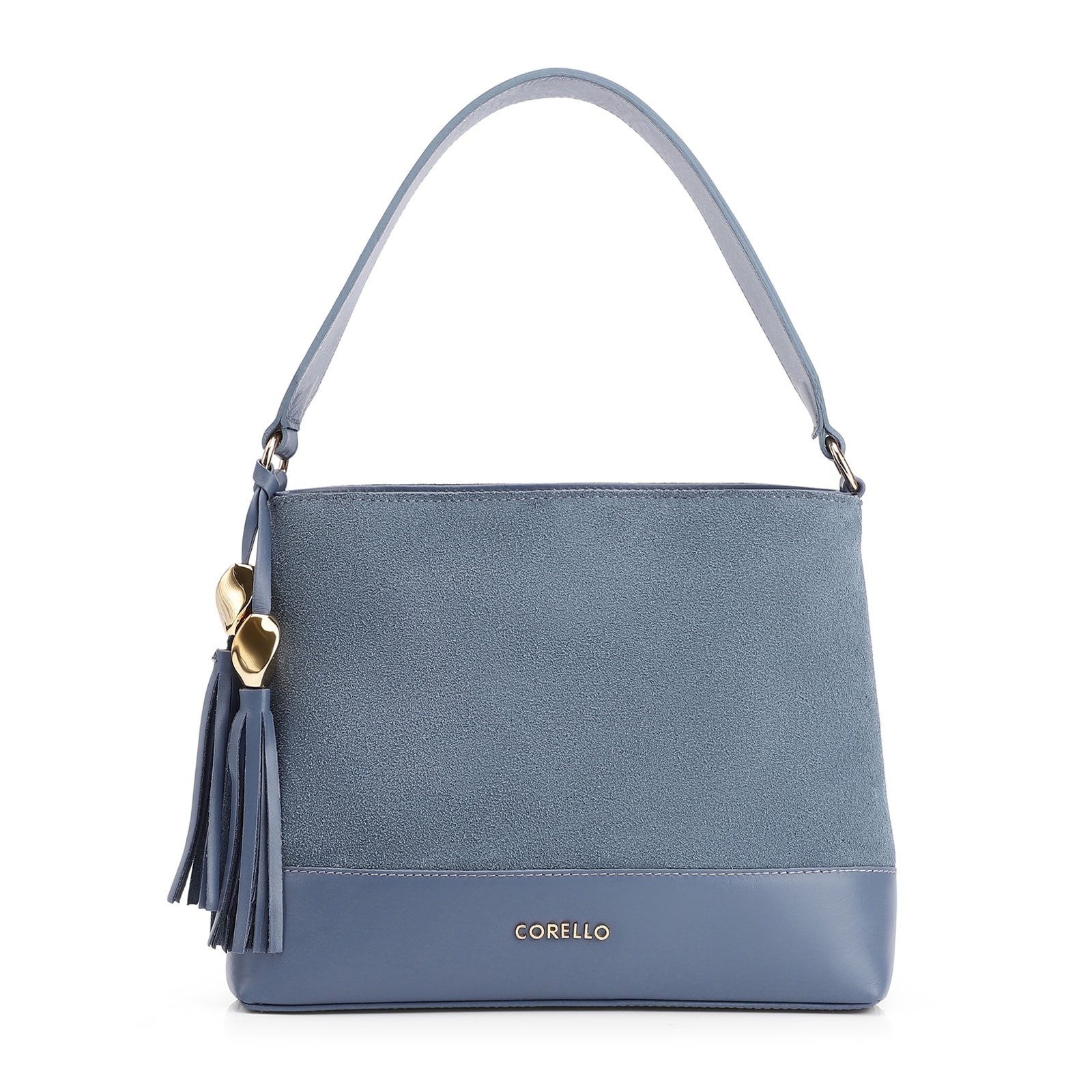 Bolsa De Ombro Bucket Couro Camurça/Couro Azul