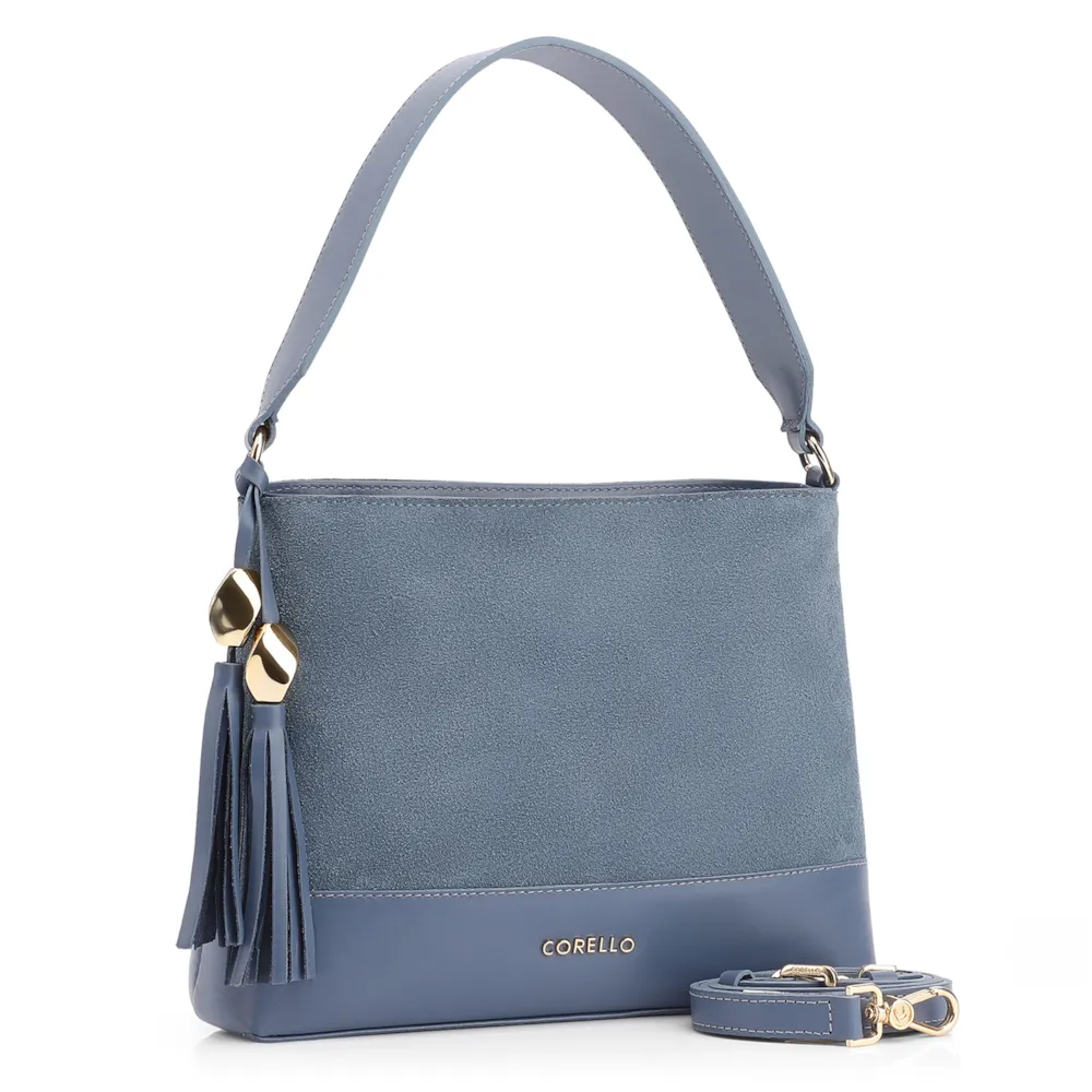 Bolsa De Ombro Bucket Couro Camurça/Couro Azul - imagem 2