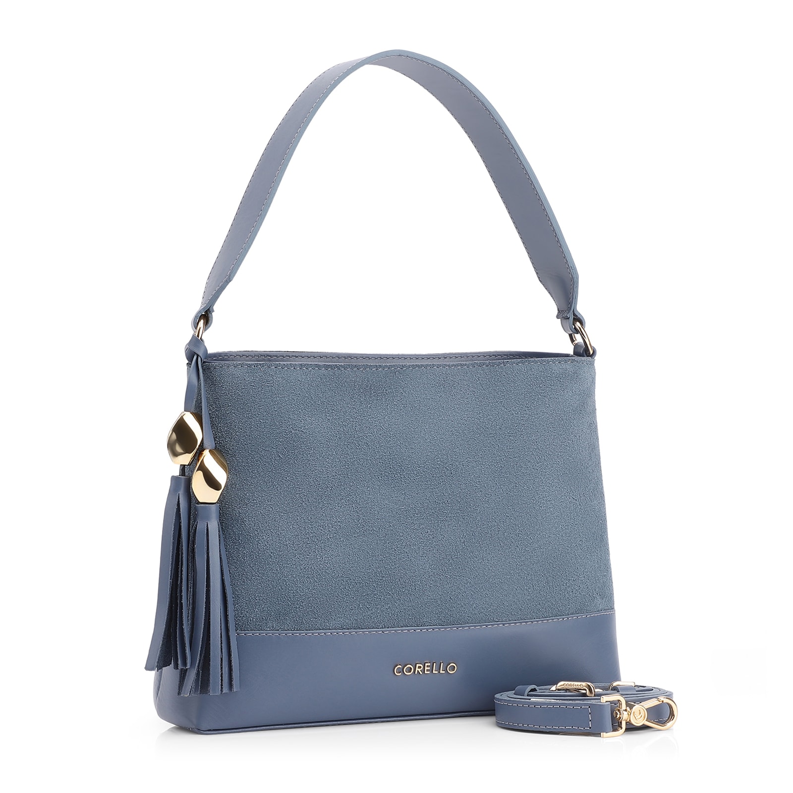 Bolsa De Ombro Bucket Couro Camurça/Couro Azul