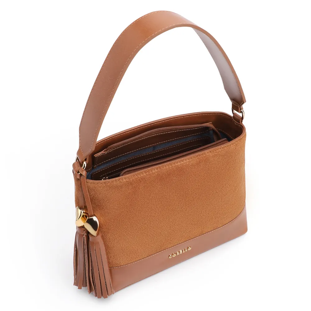 Bolsa De Ombro Bucket Couro Camurça/Couro Marrom - imagem 4
