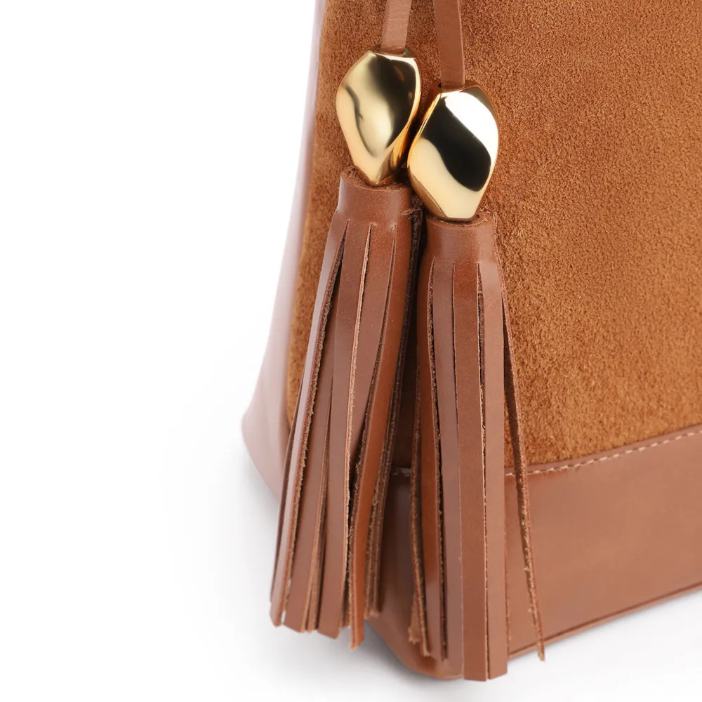 Bolsa De Ombro Bucket Couro Camurça/Couro Marrom - imagem 7