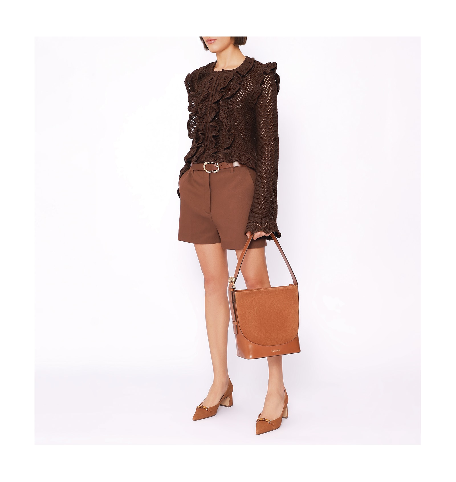 Bolsa De Ombro Bucket Couro Camurça/Couro Marrom