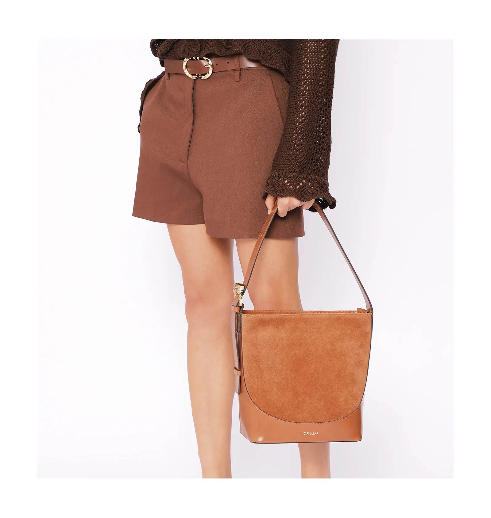Bolsa De Ombro Bucket Couro Camurça/Couro Marrom