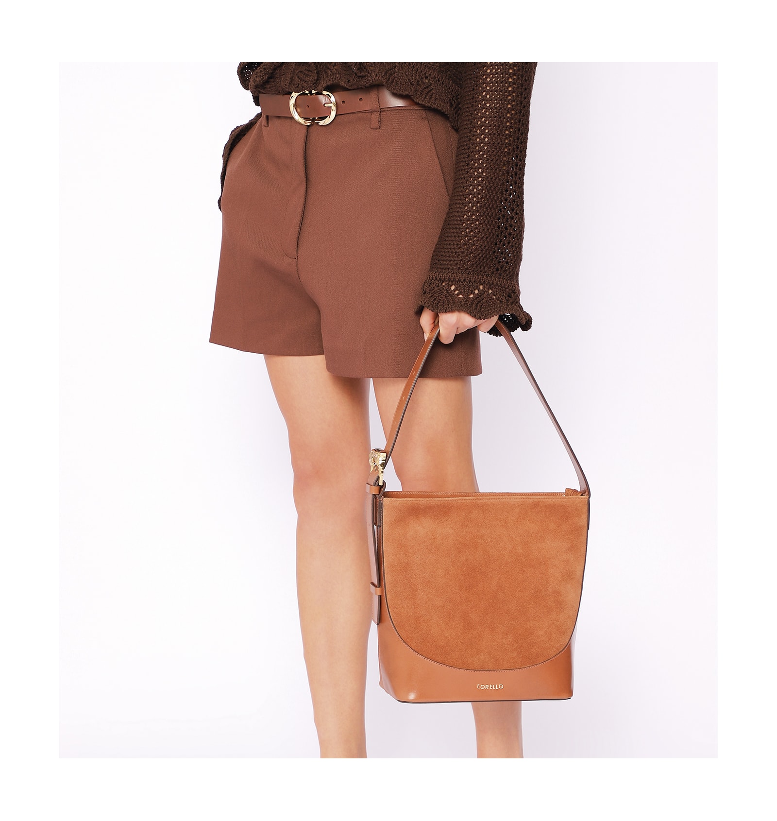 Bolsa De Ombro Bucket Couro Camurça/Couro Marrom