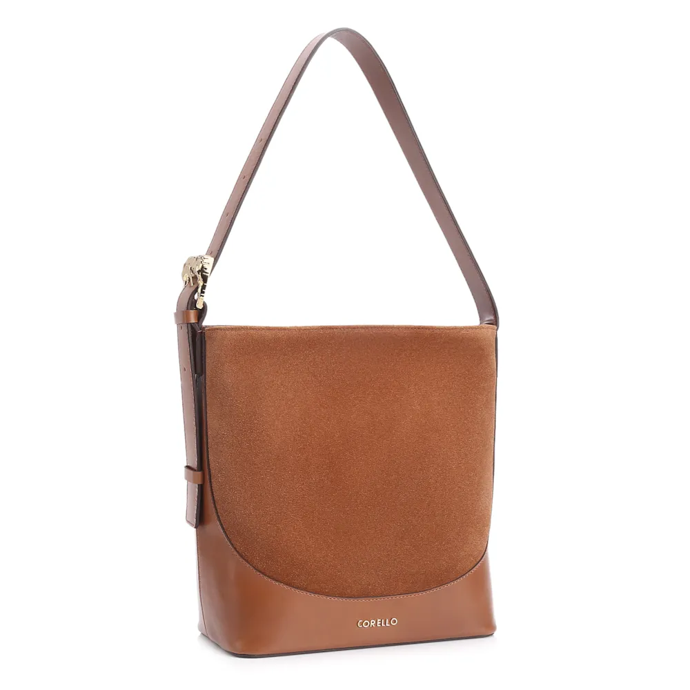 Bolsa De Ombro Bucket Couro Camurça/Couro Marrom - imagem 3