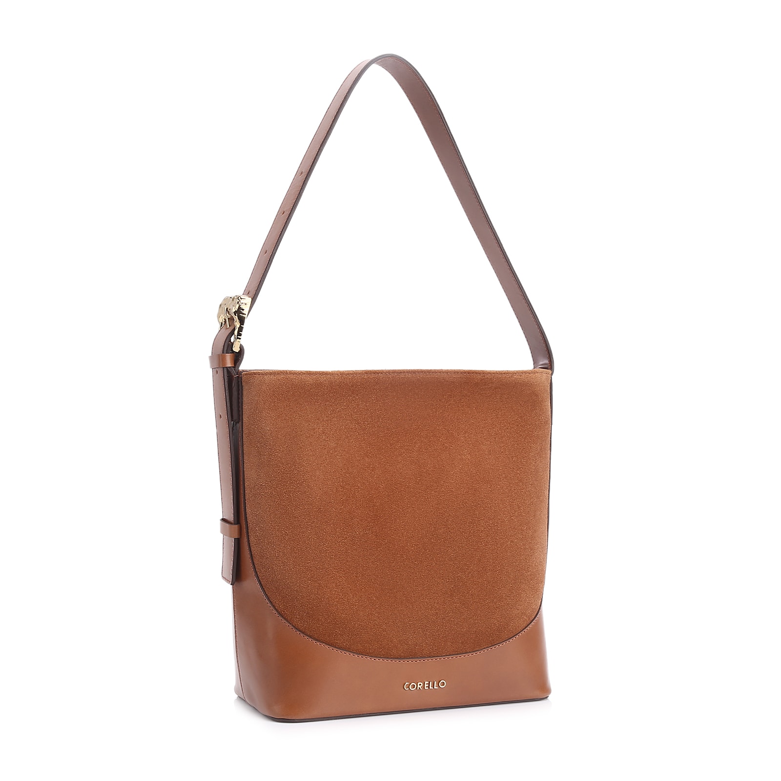Bolsa De Ombro Bucket Couro Camurça/Couro Marrom