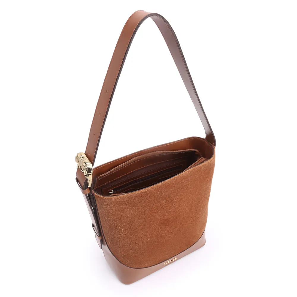 Bolsa De Ombro Bucket Couro Camurça/Couro Marrom - imagem 5