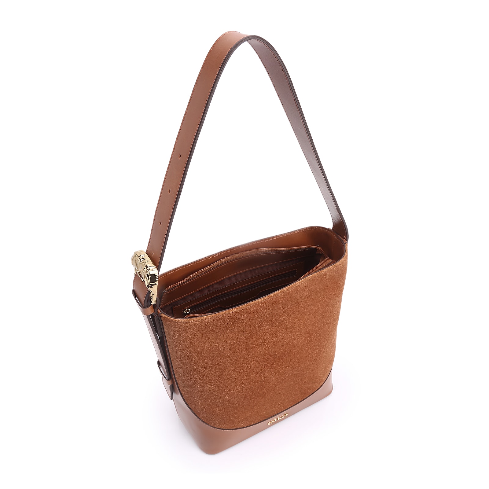 Bolsa De Ombro Bucket Couro Camurça/Couro Marrom