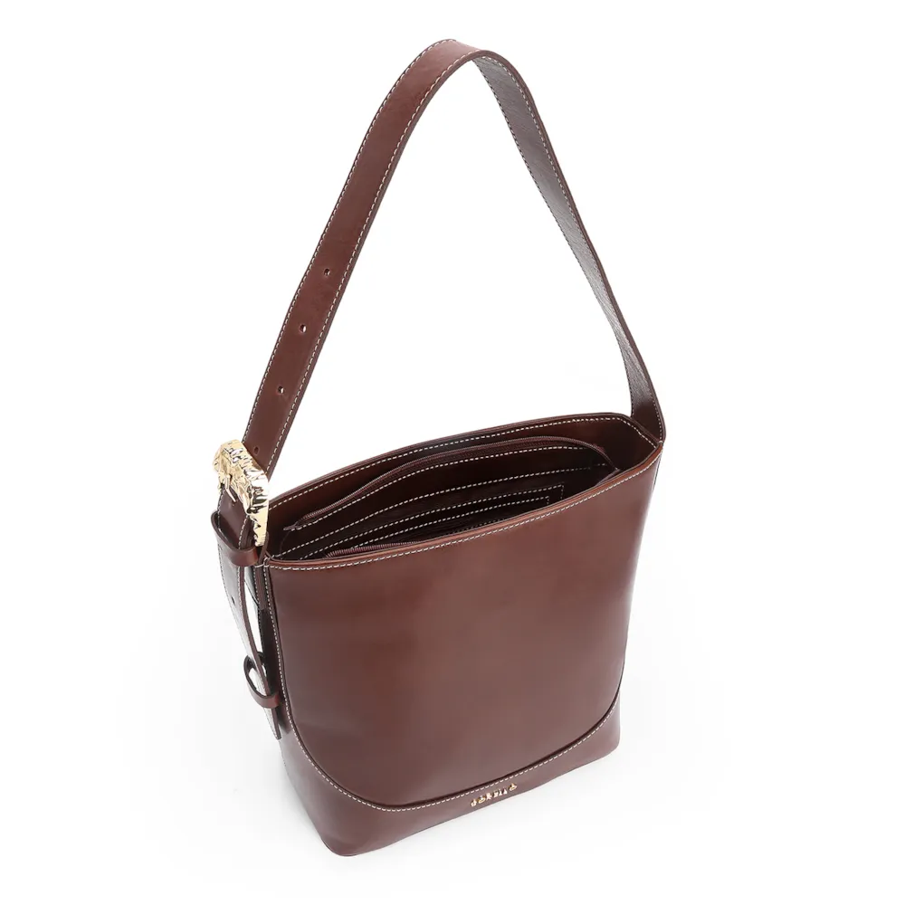 Bolsa De Ombro Bucket Couro Marrom Escuro - imagem 4