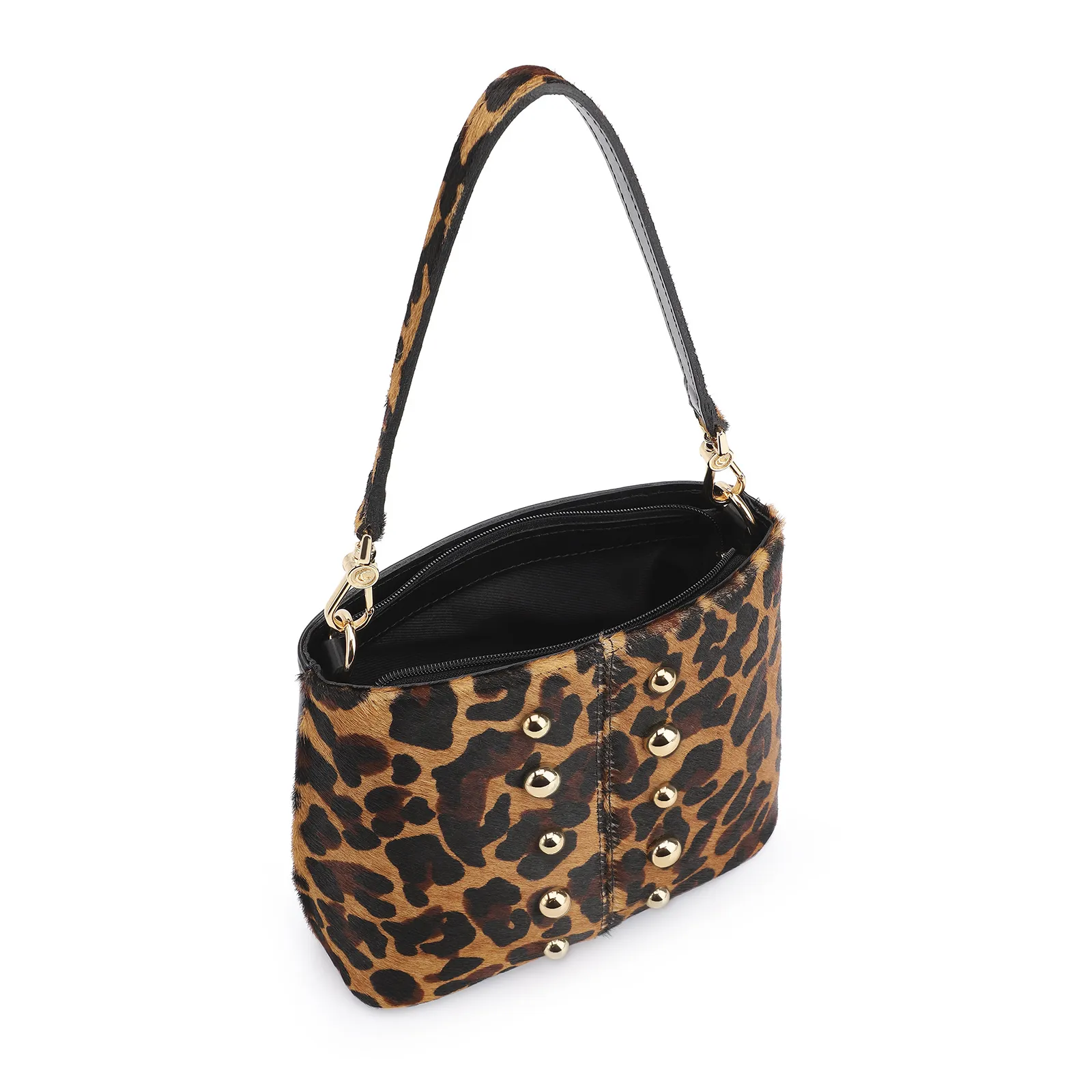 Bolsa De Ombro Bucket Couro Pelo Onça/Couro Preto
