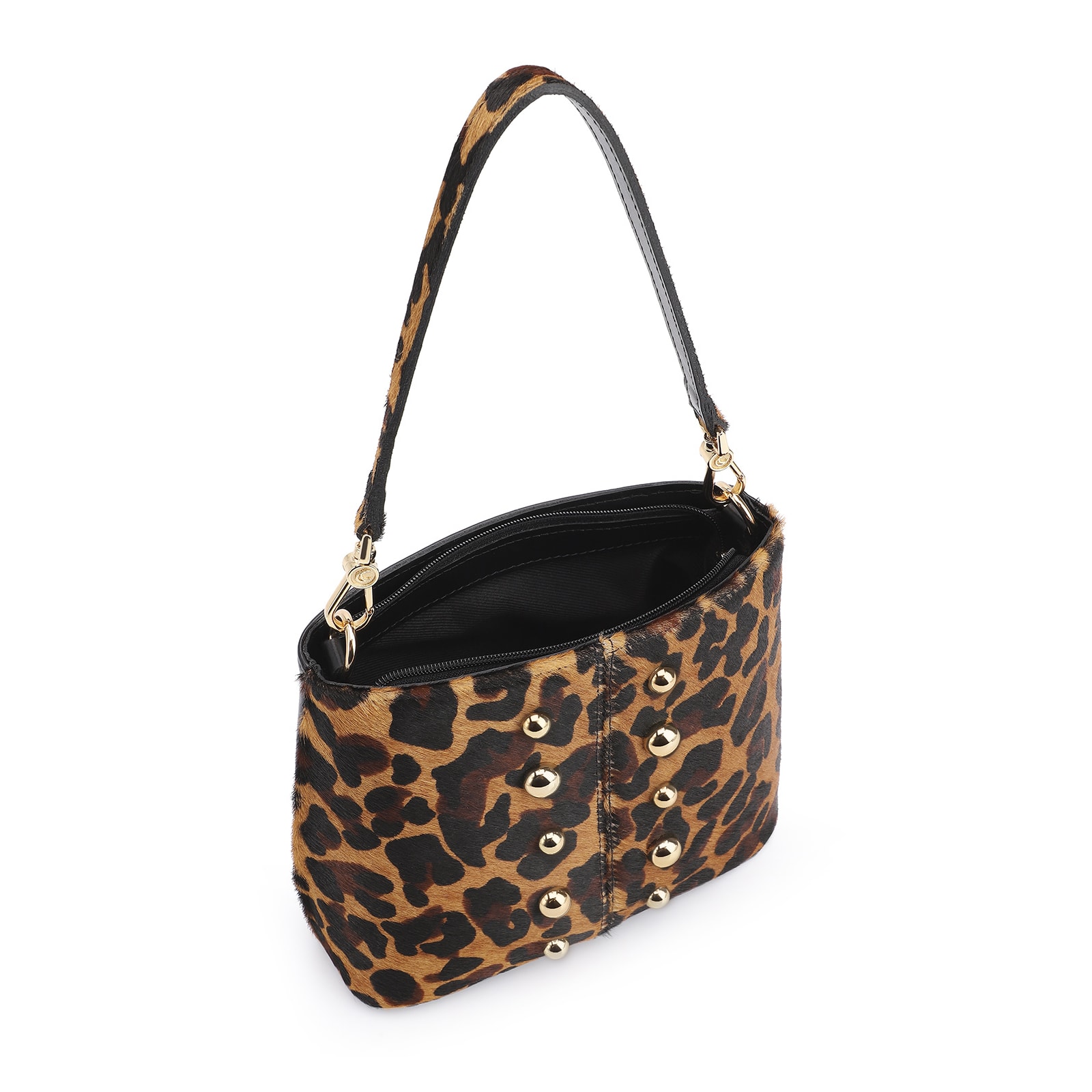 Bolsa De Ombro Bucket Couro Pelo Onça/Couro Preto