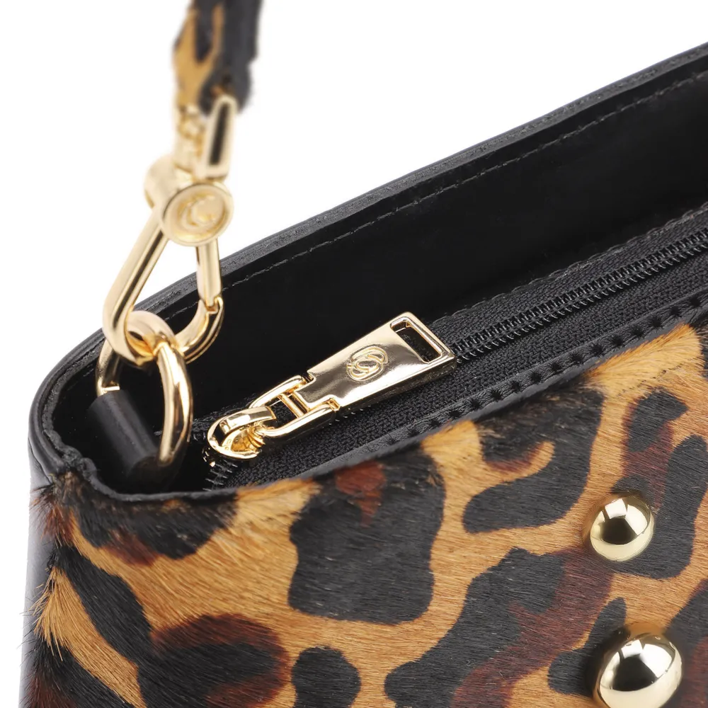 Bolsa De Ombro Bucket Couro Pelo Onça/Couro Preto - imagem 5