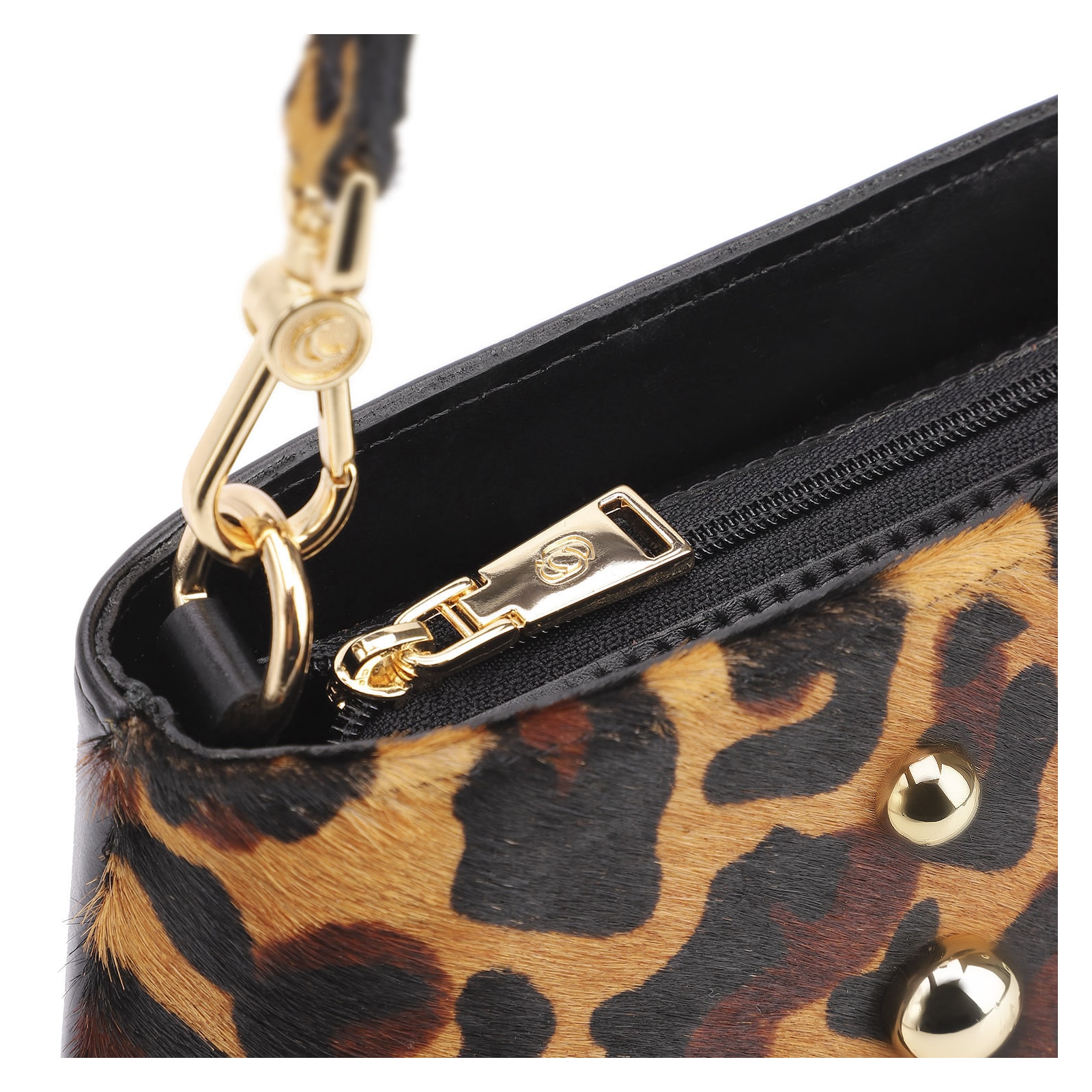 Bolsa De Ombro Bucket Couro Pelo Onça/Couro Preto