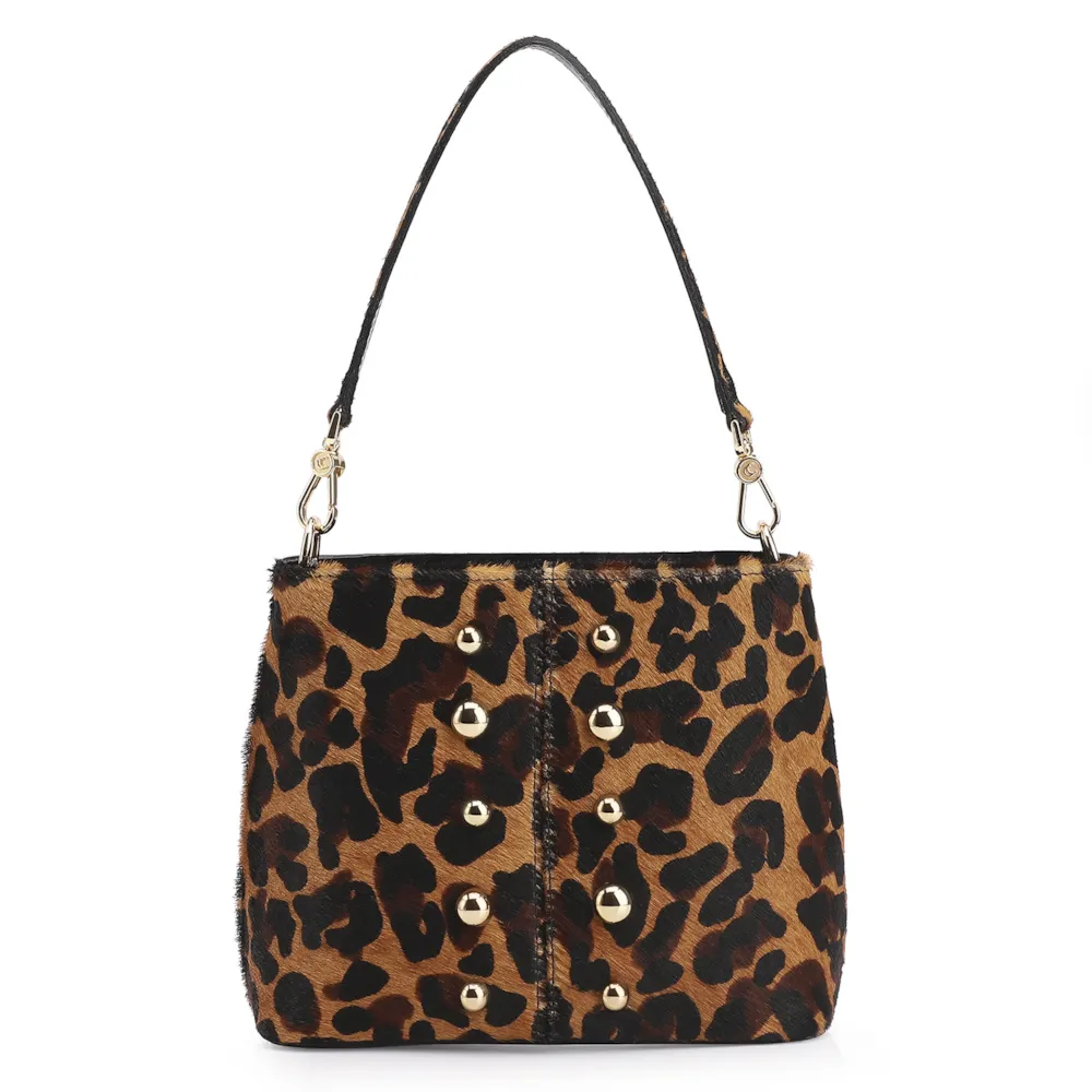 Bolsa De Ombro Bucket Couro Pelo Onça/Couro Preto