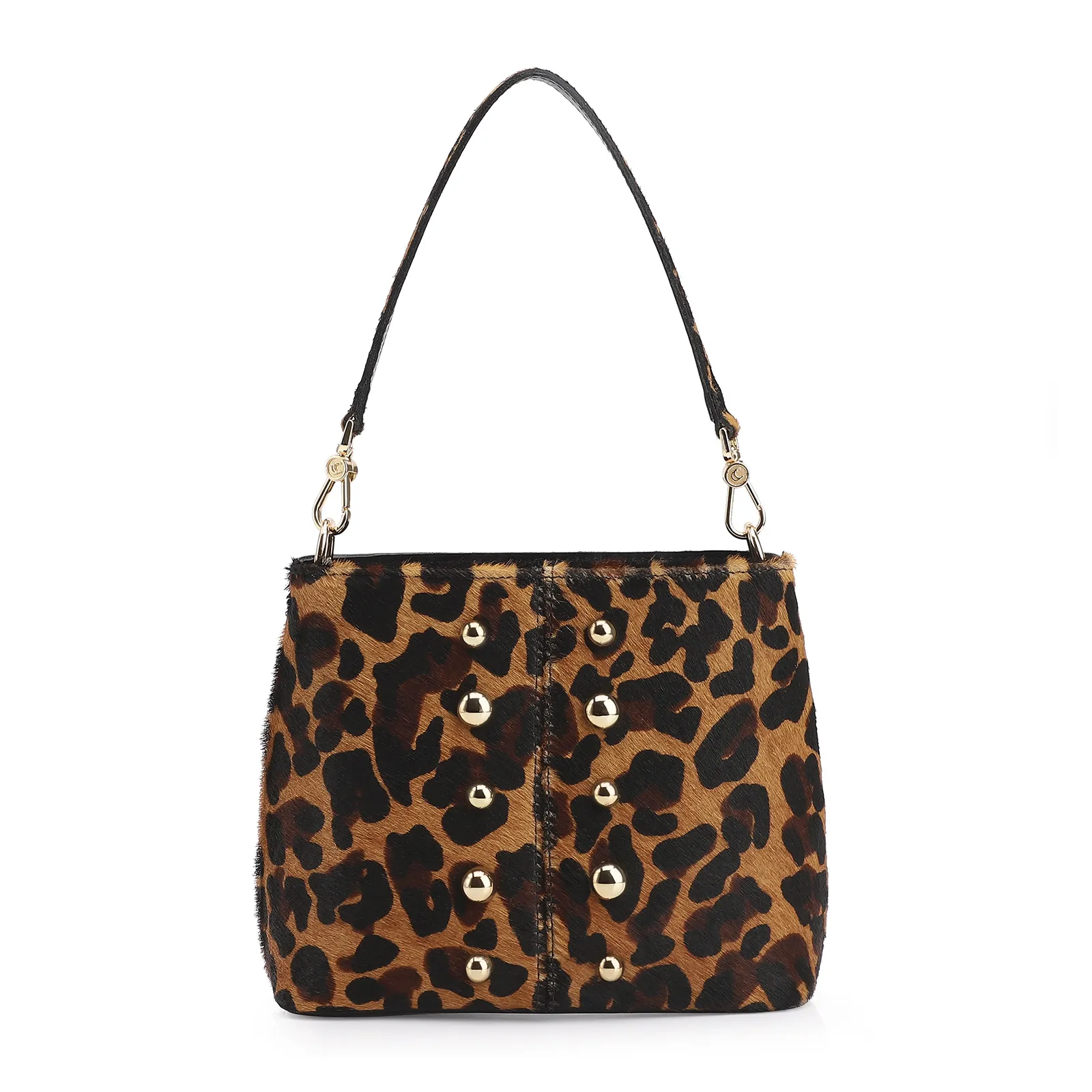Bolsa De Ombro Bucket Couro Pelo Onça/Couro Preto