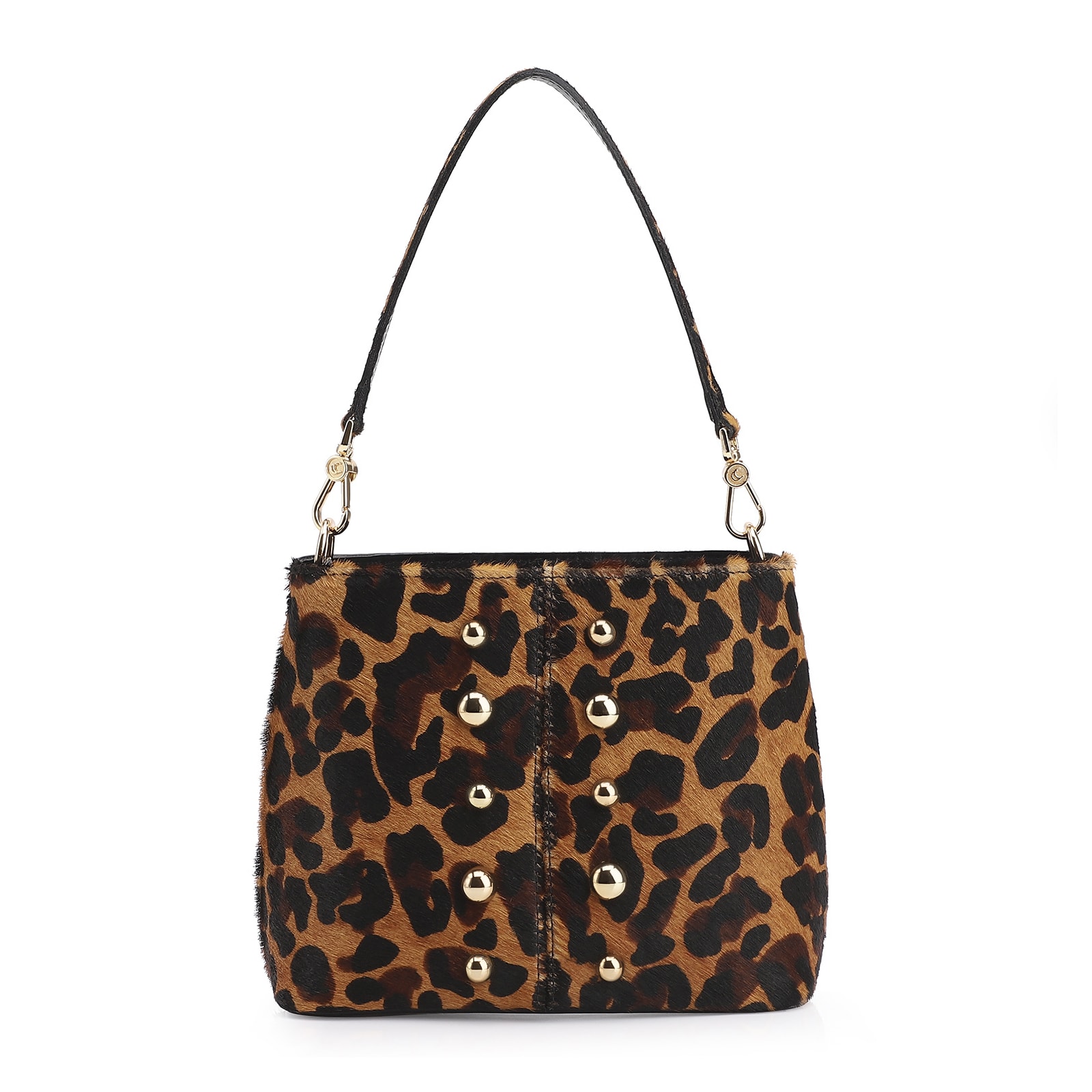 Bolsa De Ombro Bucket Couro Pelo Onça/Couro Preto