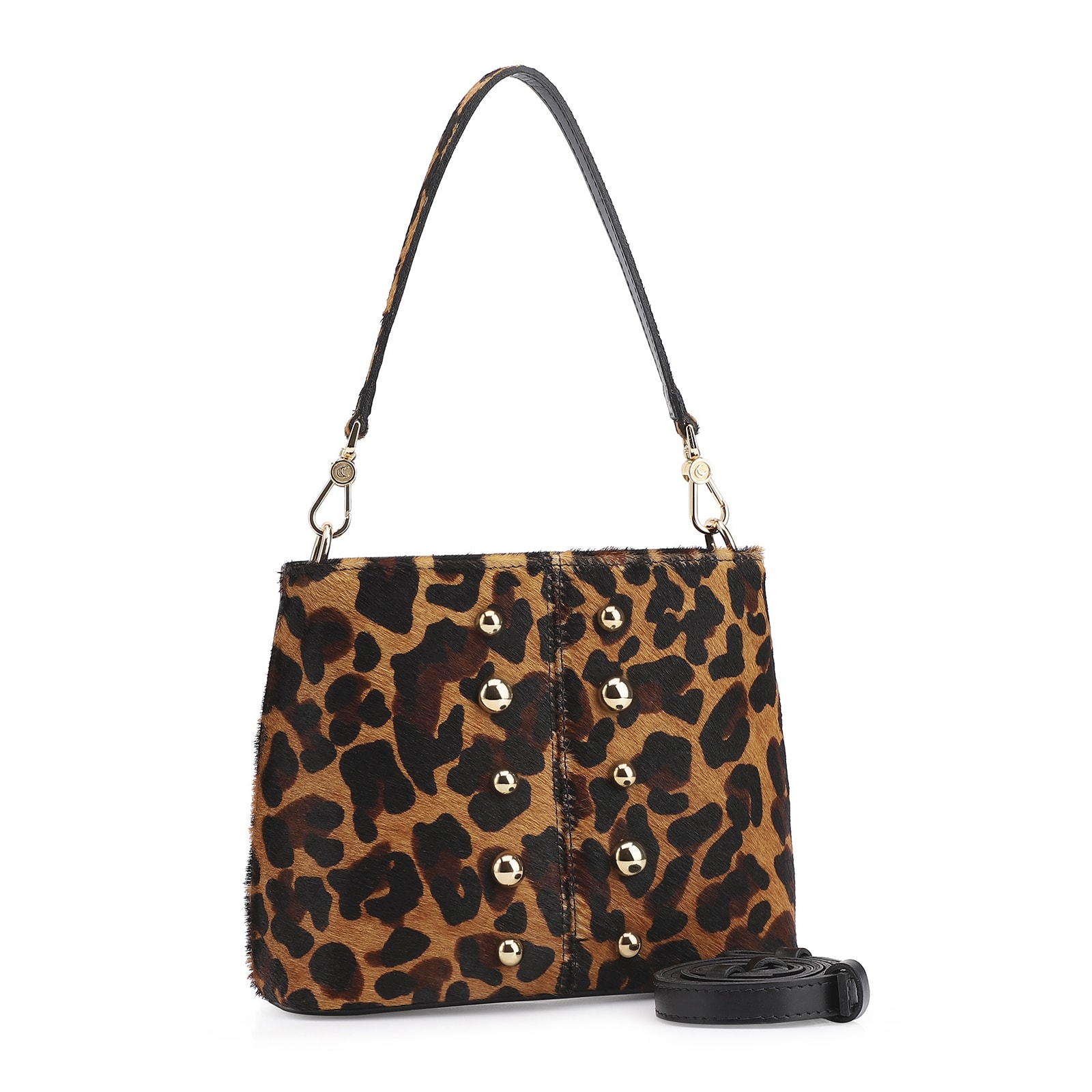 Bolsa De Ombro Bucket Couro Pelo Onça/Couro Preto