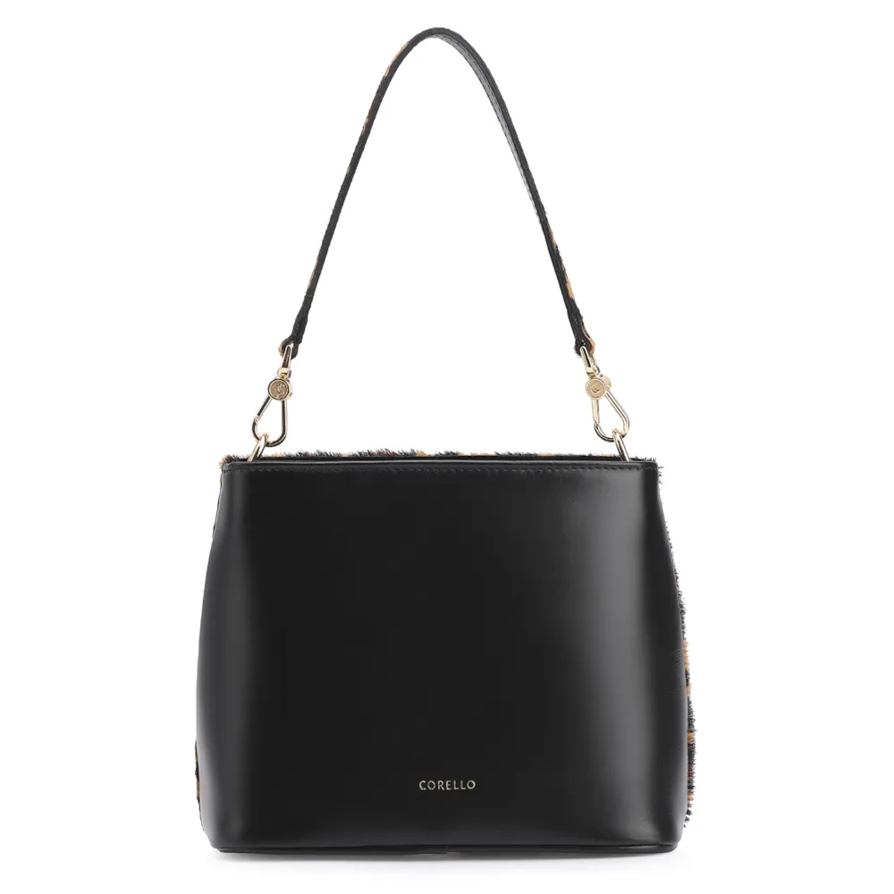 Bolsa De Ombro Bucket Couro Pelo Onça/Couro Preto - imagem 3