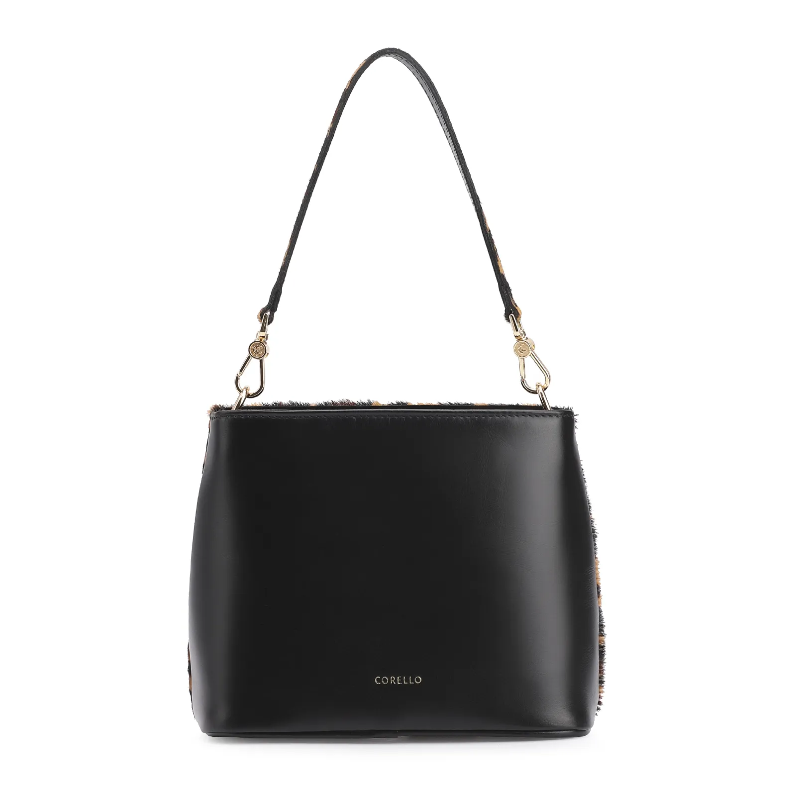 Bolsa De Ombro Bucket Couro Pelo Onça/Couro Preto