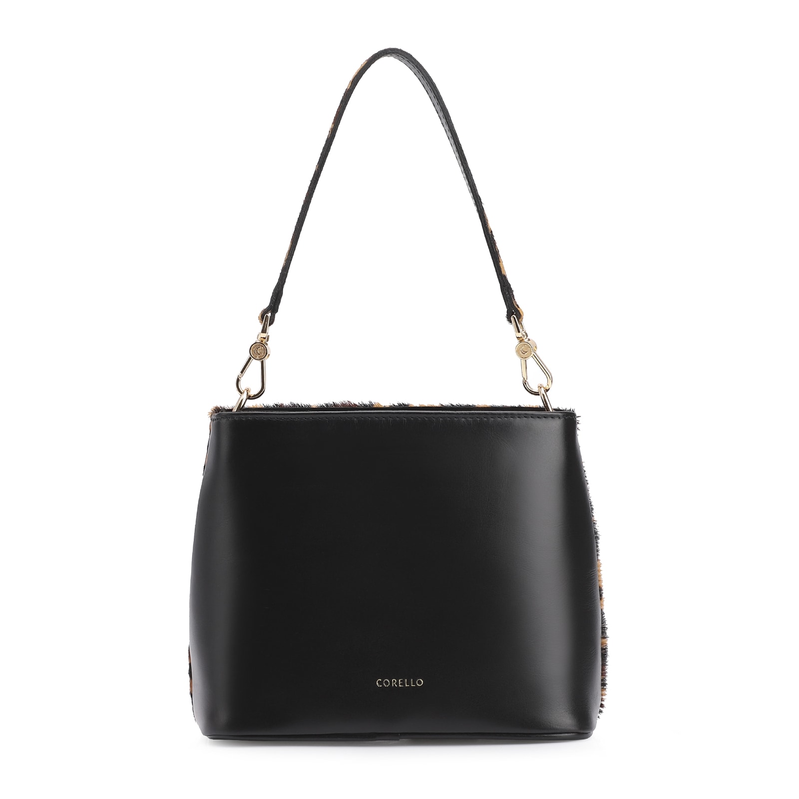 Bolsa De Ombro Bucket Couro Pelo Onça/Couro Preto